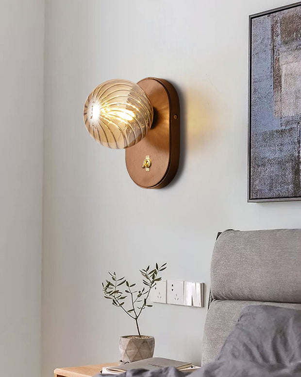 Wall Lamp Wood Body Amber Ribbed Glass Globe Walnut Color Modern Accent