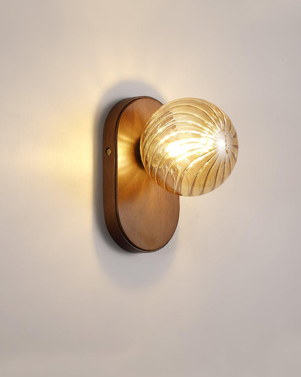Wall Lamp Wood Body Amber Ribbed Glass Globe Walnut Color Modern Accent