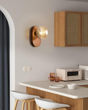 Wall Lamp Wood Body Amber Ribbed Glass Globe Walnut Color Modern Accent