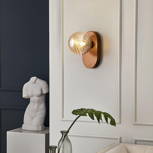 Wall Lamp Wood Body Amber Ribbed Glass Globe Walnut Color Modern Accent
