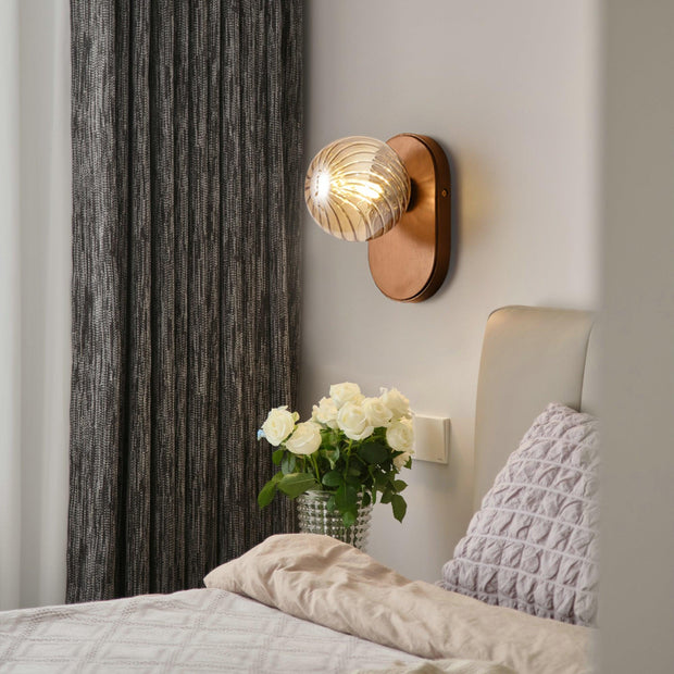 Wall Lamp Wood Body Amber Ribbed Glass Globe Walnut Color Modern Accent