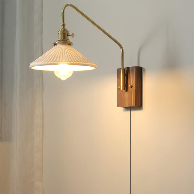 Wall Light Retro Plug In with Brass, Walnut French Elegance