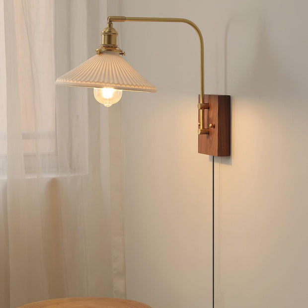 Wall Light Retro Plug In with Brass, Walnut French Elegance