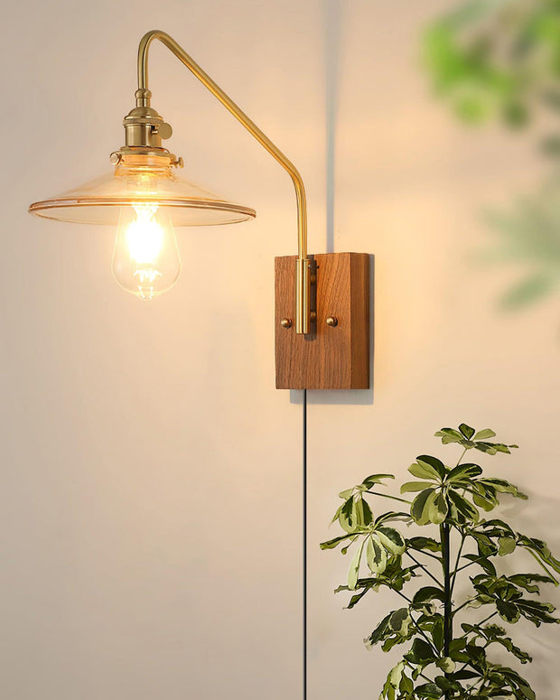 Wall Light Retro Plug In with Brass, Walnut French Elegance