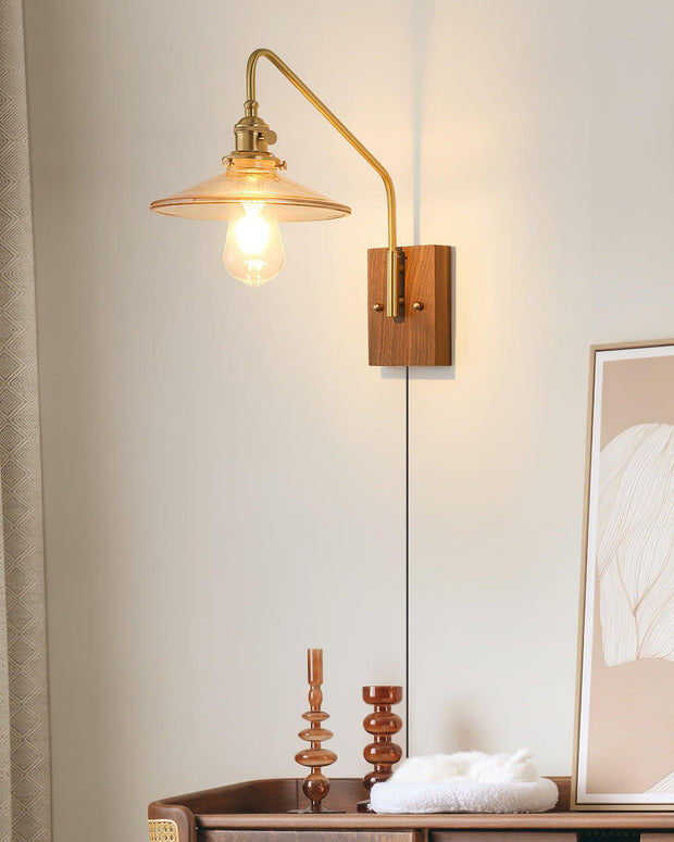 Wall Light Retro Plug In with Brass, Walnut French Elegance