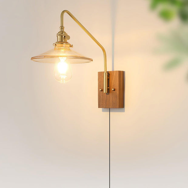 Wall Light Retro Plug In with Brass, Walnut French Elegance