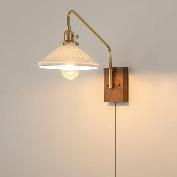 Wall Light Retro Plug In with Brass, Walnut French Elegance