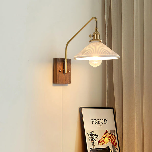 Wall Light Retro Plug In with Brass, Walnut French Elegance