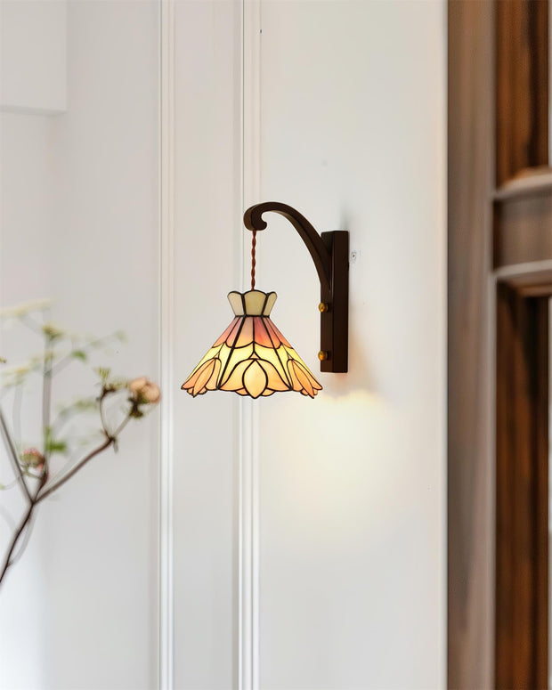 Wall Lamp Wood Body Tiffany Glass Shade Pink Floral Vintage Art