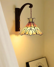 Wall Lamp Wood Body Tiffany Glass Shade Pink Floral Vintage Art