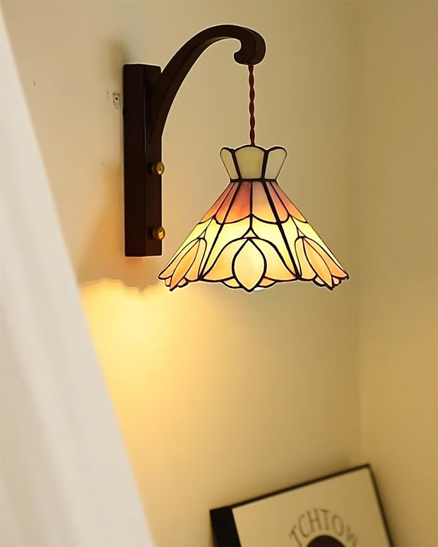 Wall Lamp Wood Body Tiffany Glass Shade Pink Floral Vintage Art