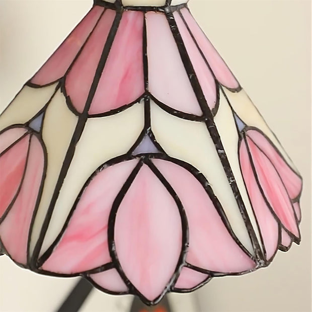 Wall Lamp Wood Body Tiffany Glass Shade Pink Floral Vintage Art