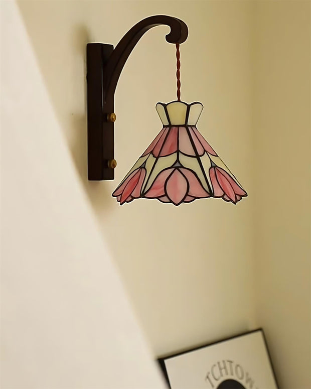 Wall Lamp Wood Body Tiffany Glass Shade Pink Floral Vintage Art