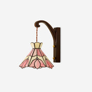 Wall Lamp Wood Body Tiffany Glass Shade Pink Floral Vintage Art
