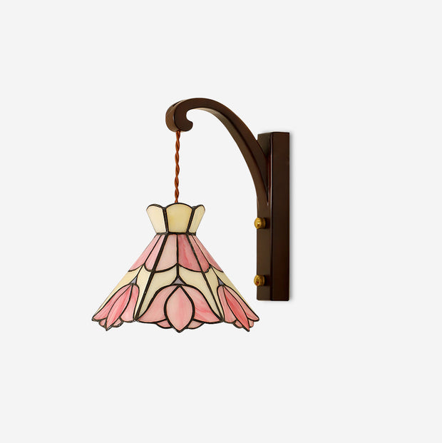 Wall Lamp Wood Body Tiffany Glass Shade Pink Floral Vintage Art