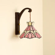 Wall Lamp Wood Body Tiffany Glass Shade Pink Floral Vintage Art