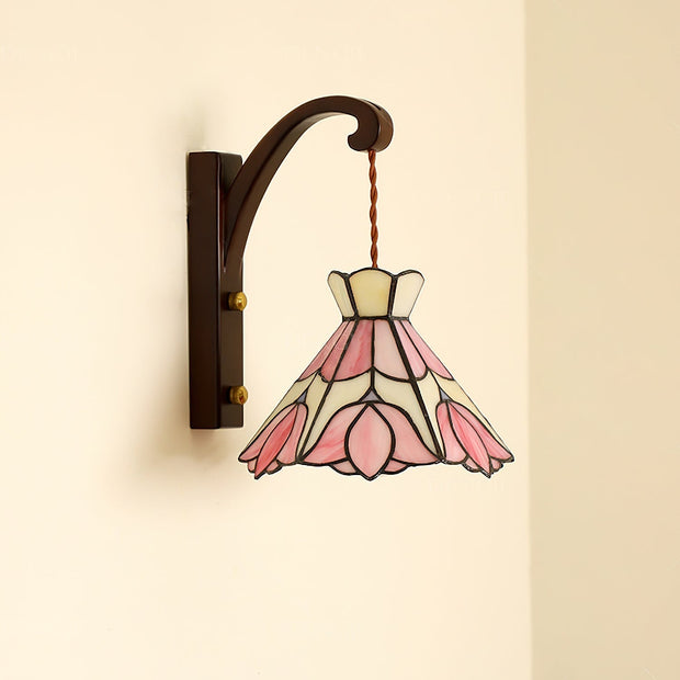 Wall Lamp Wood Body Tiffany Glass Shade Pink Floral Vintage Art