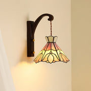 Wall Lamp Wood Body Tiffany Glass Shade Pink Floral Vintage Art