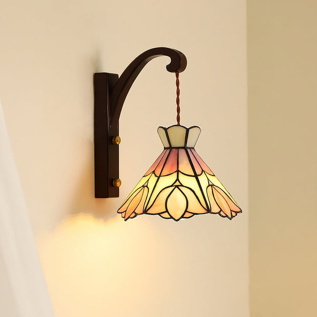 Wall Lamp Wood Body Tiffany Glass Shade Pink Floral Vintage Art