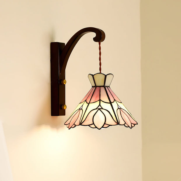 Wall Lamp Wood Body Tiffany Glass Shade Pink Floral Vintage Art