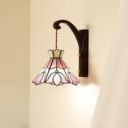 Wall Lamp Wood Body Tiffany Glass Shade Pink Floral Vintage Art