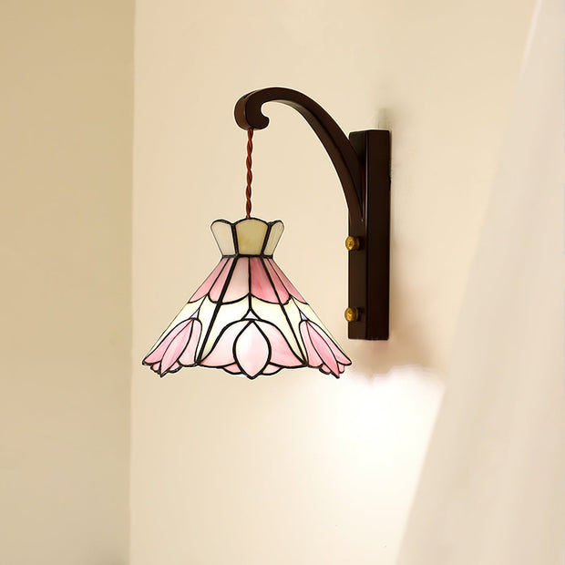 Wall Lamp Wood Body Tiffany Glass Shade Pink Floral Vintage Art