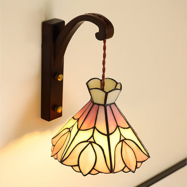 Wall Lamp Wood Body Tiffany Glass Shade Pink Floral Vintage Art