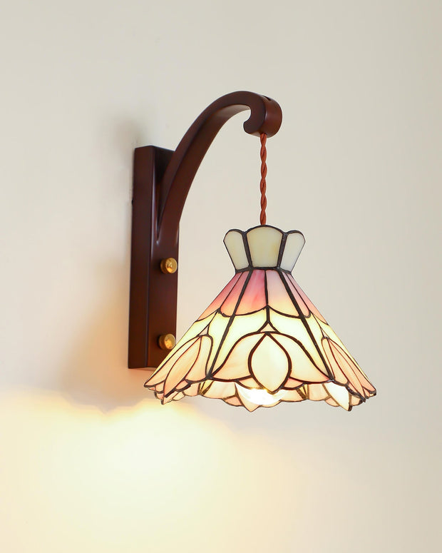 Wall Lamp Wood Body Tiffany Glass Shade Pink Floral Vintage Art