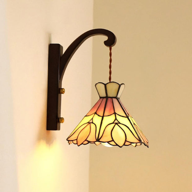 Wall Lamp Wood Body Tiffany Glass Shade Pink Floral Vintage Art