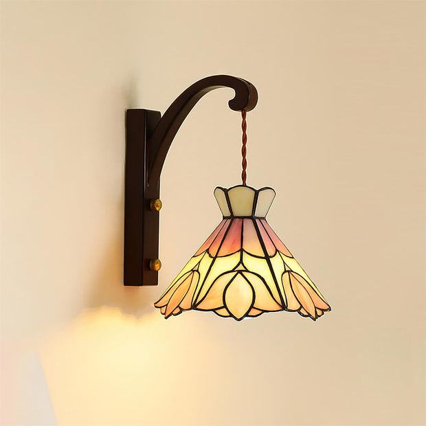 Wall Lamp Wood Body Tiffany Glass Shade Pink Floral Vintage Art